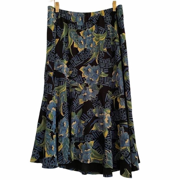 Vintage NYPL Tropical Black Blue Green Midi Skirt - Picture 1 of 4